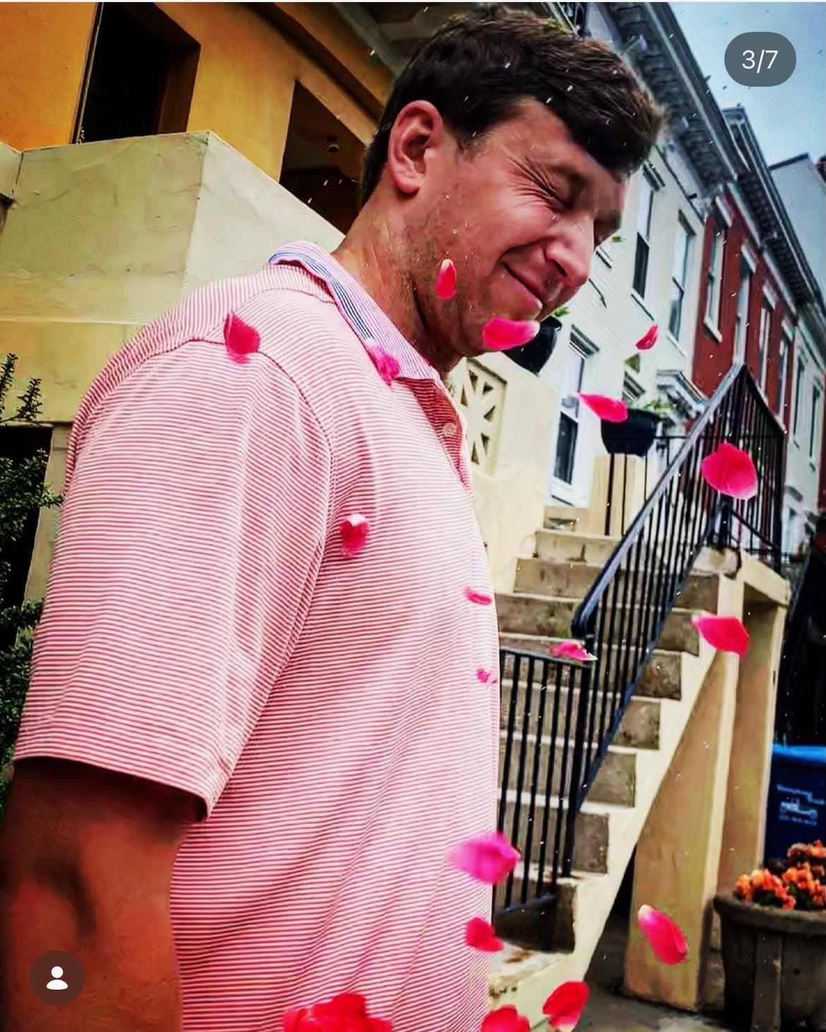 Cole showered in rose petals looking defeated